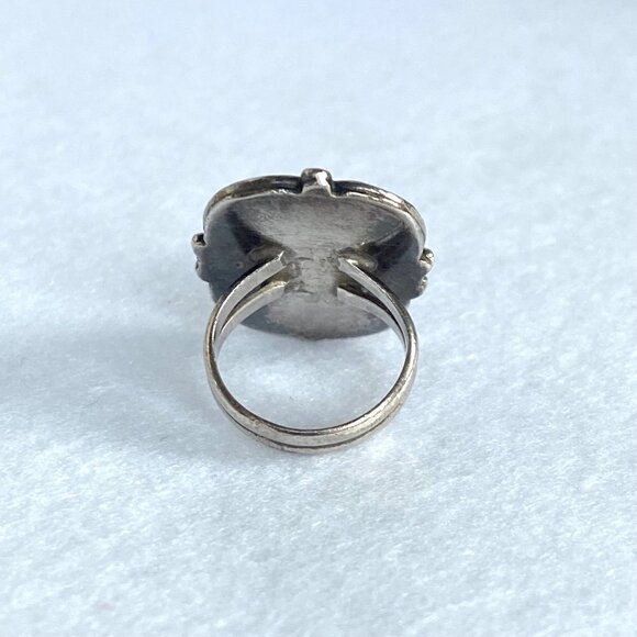 VTG Oxidized Sterling Silver Southwest Style Turquoise Scrollwork Ring Sz 2.75 - Picture 7 of 16